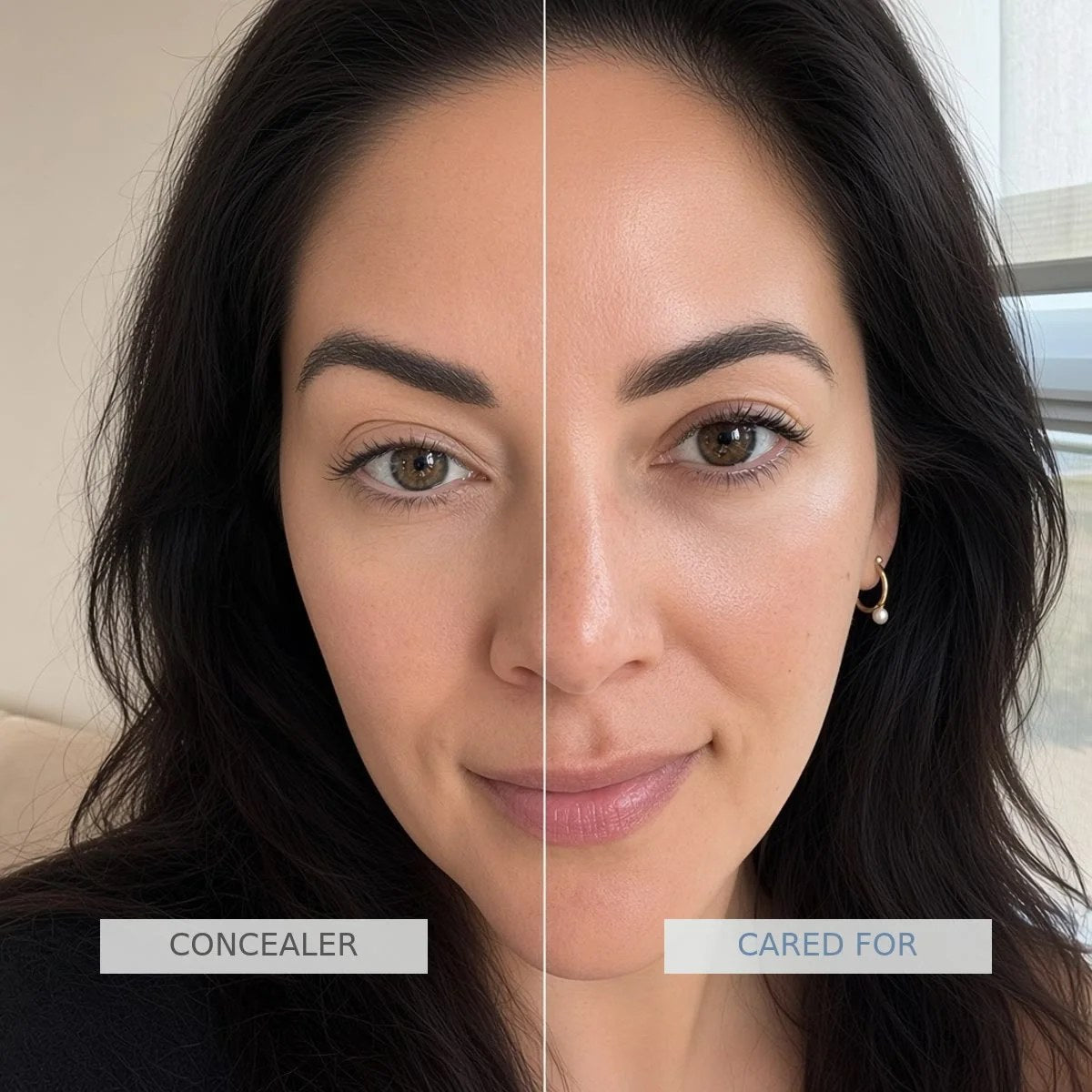 Concealer vs. cared-for under-eye split comparison